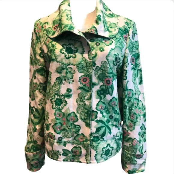 BURBERRY LONDON Women 10 green flower design zipper front jacket - Picture 1 of 15